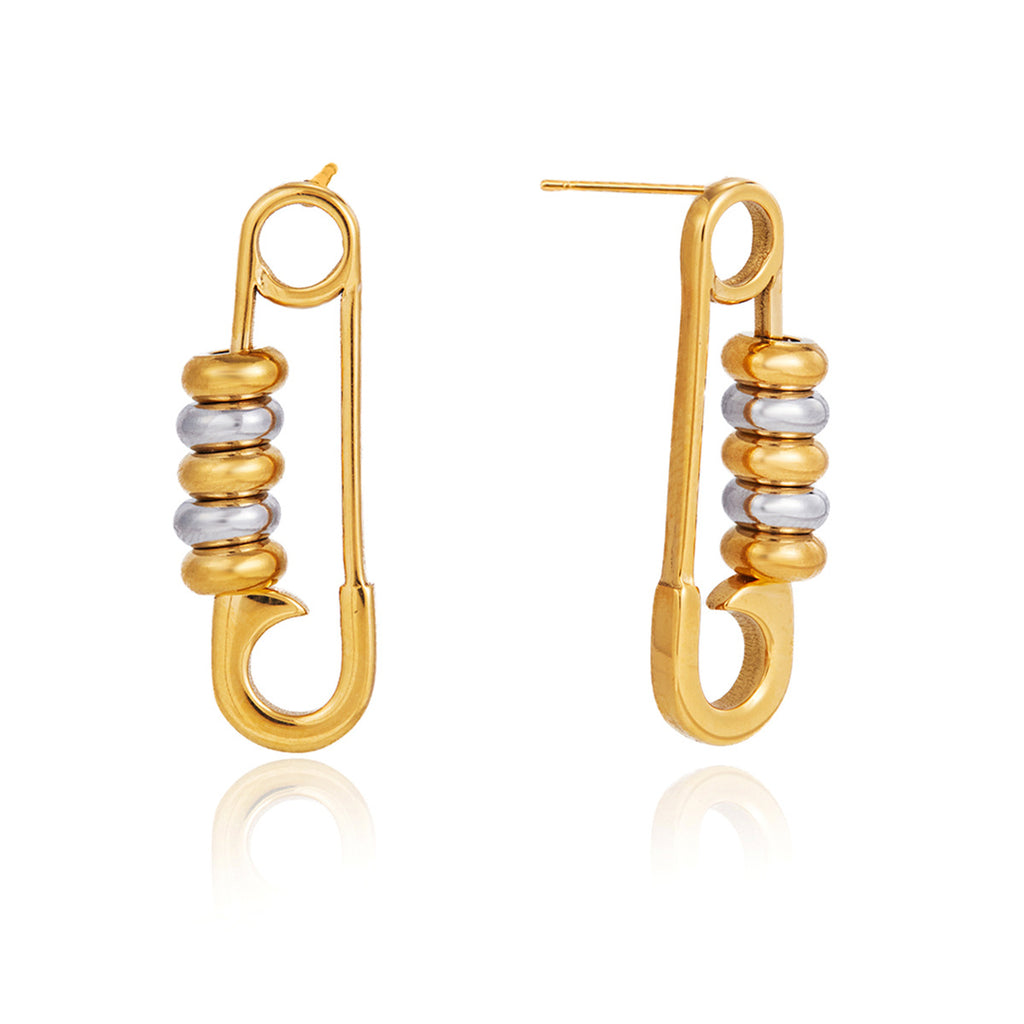 front and side views of two-tone safety-pin stud earrings