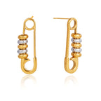 front and side views of two-tone safety-pin stud earrings