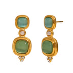 front and side view of gold plated green cabochon drop earrings