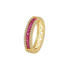 white-background view of red zirconia and clear accent band ring