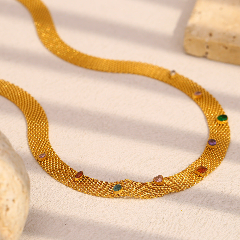 Gold Plated Stainless Steel Multicolor Accent Mesh Choker — flat mesh profile