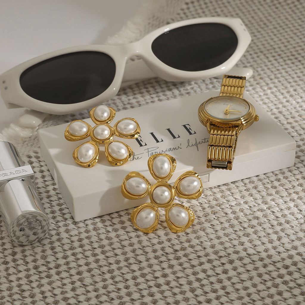 Gold-Tone Pearl-Look Floral Stainless Steel Stud Earrings — wholesale view 2