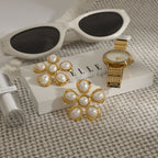 Gold-Tone Pearl-Look Floral Stainless Steel Stud Earrings — wholesale view 2
