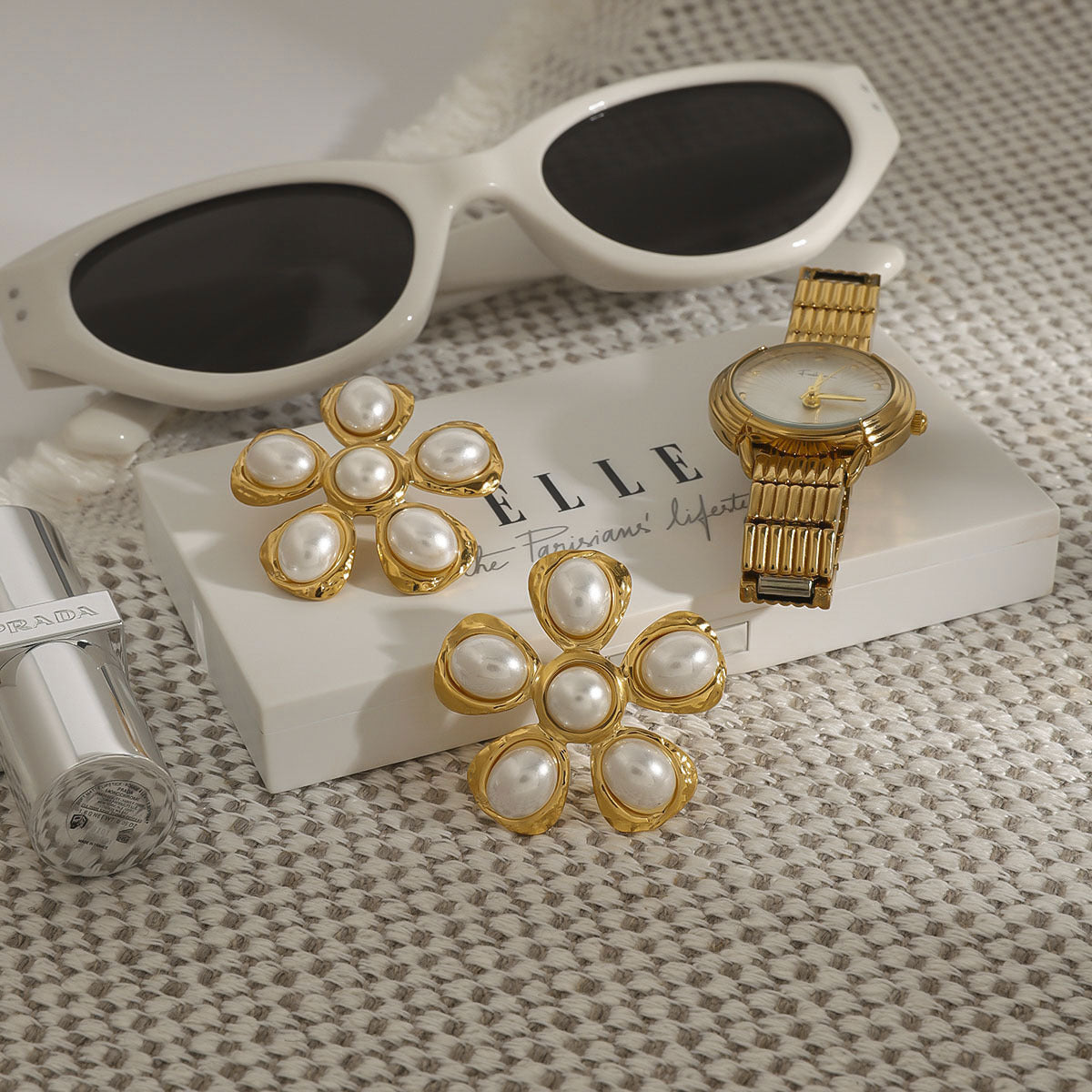 Gold-Tone Pearl-Look Floral Stainless Steel Stud Earrings — wholesale view 2