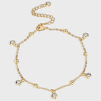 gold plated brass beaded anklet with cubic zirconia drops