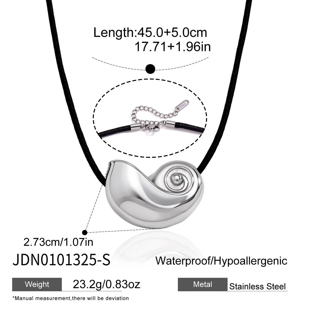 Silver tone shell necklace with pendant width and extension