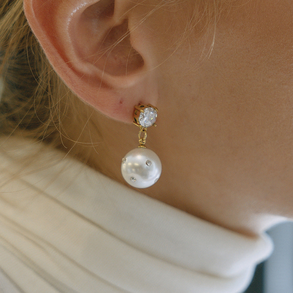 Imitation Pearl and Clear Stone Stainless Steel Drop Earrings — front view of the pearl-look drops