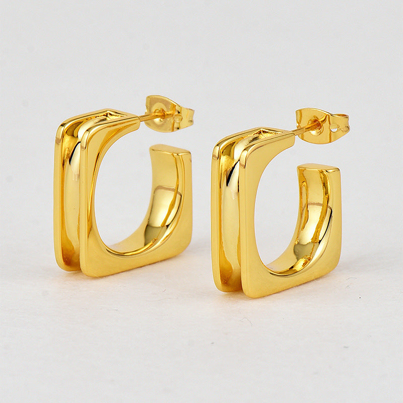 gold plated brass square hoop earrings with double-line profile