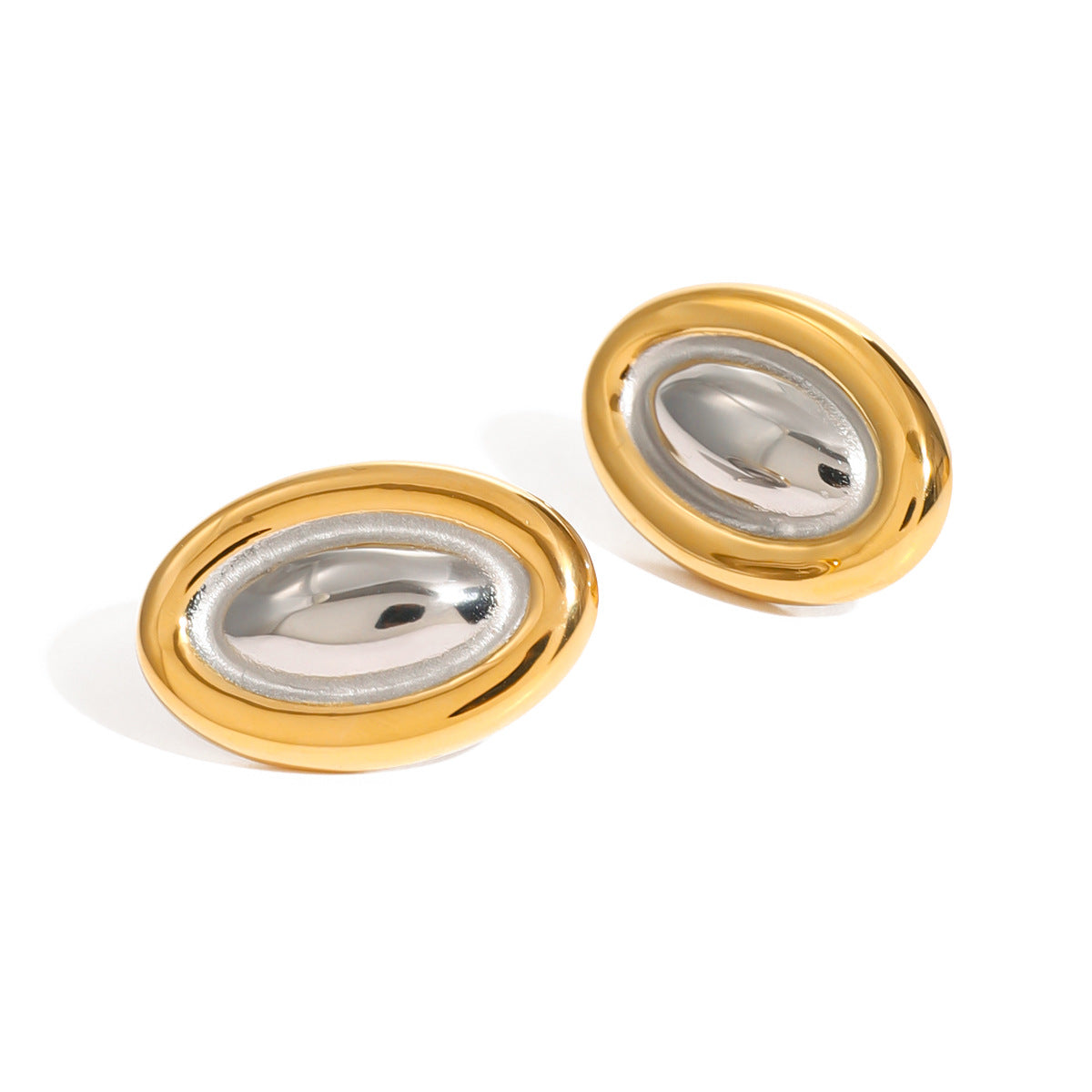 Two-Tone Oval Dome Stainless Steel Stud Earrings – product view 4