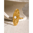 Side view of adjustable textured stainless steel statement ring