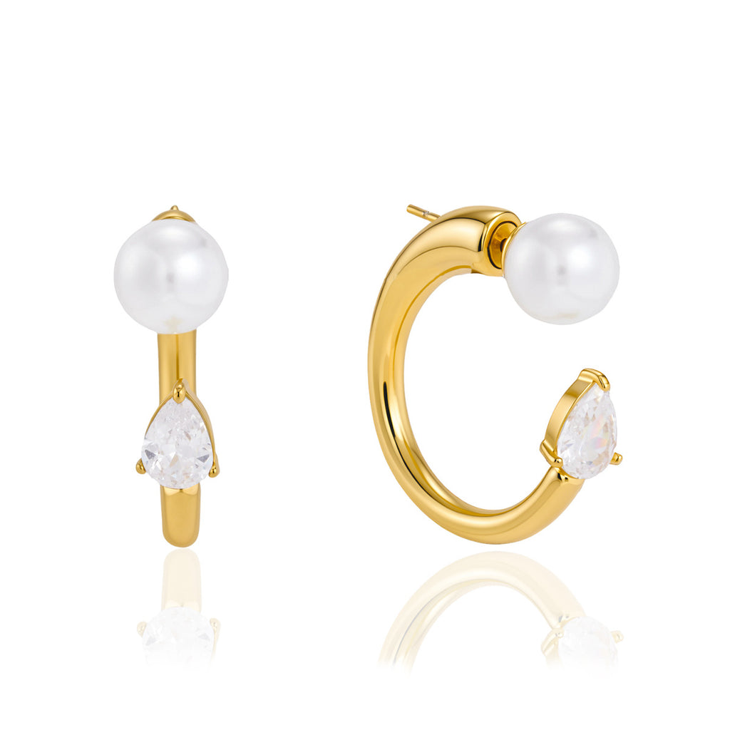 White glass pearl and clear pear-shaped accent on open hoop