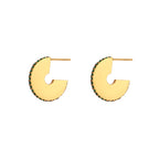 front view of gold plated C-hoops with dark green stones