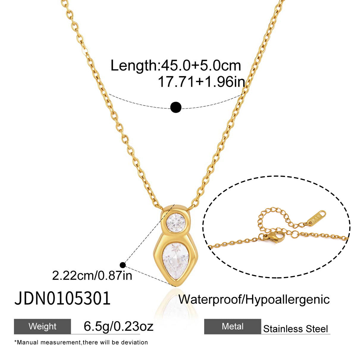 Round-and-pear pendant necklace with length and material chart