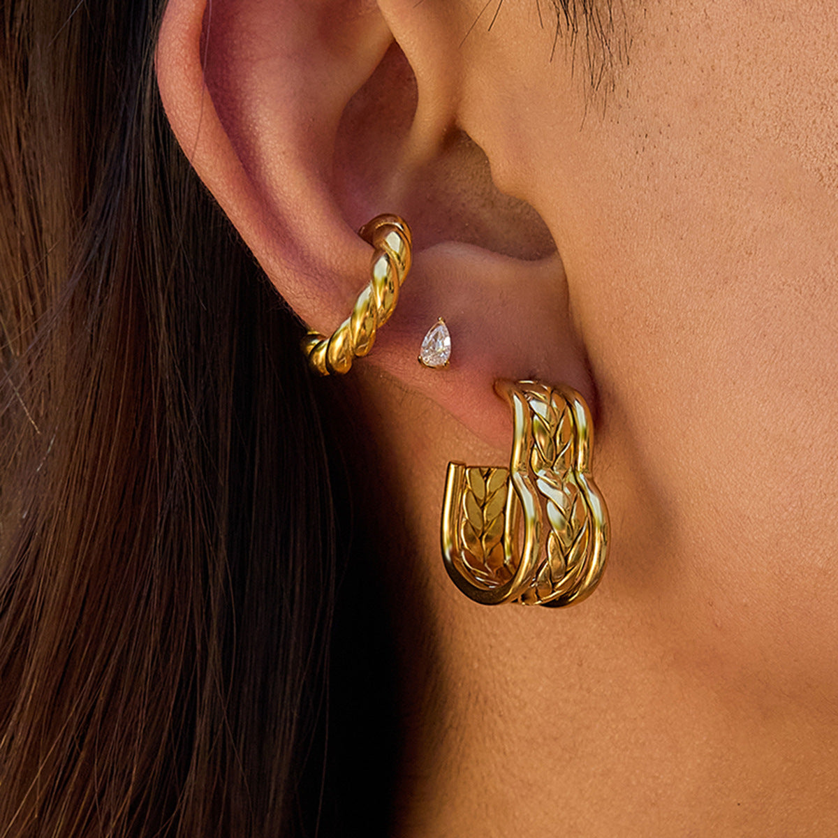 Wholesale Gold-Tone Stainless Steel Hoop and Teardrop Stud Earring Collection - styled view