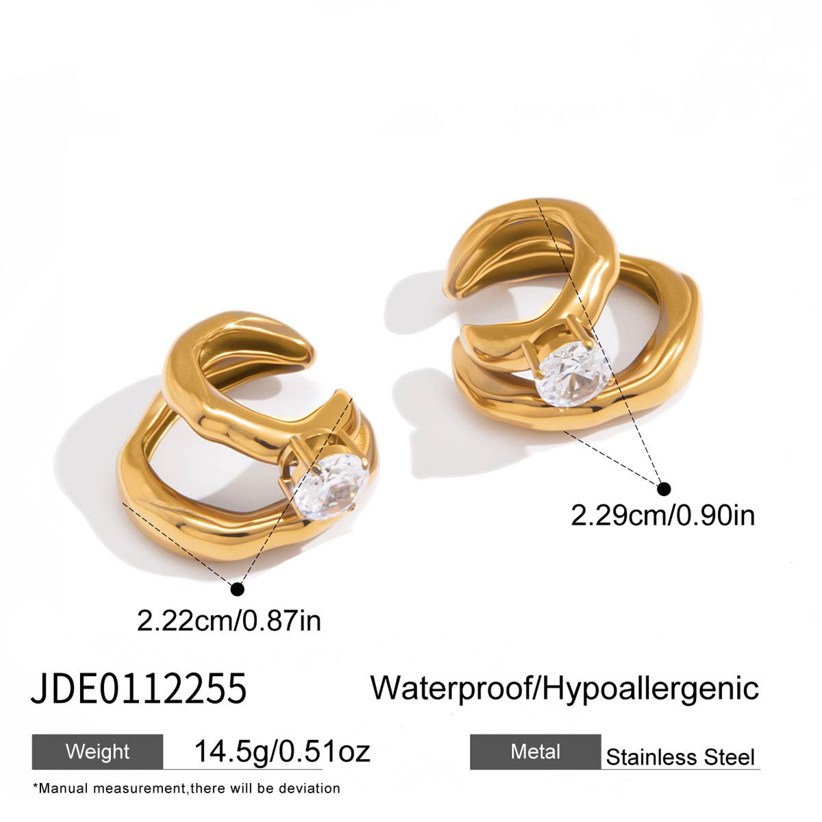 Gold-tone ear cuff dimensions and stone setting
