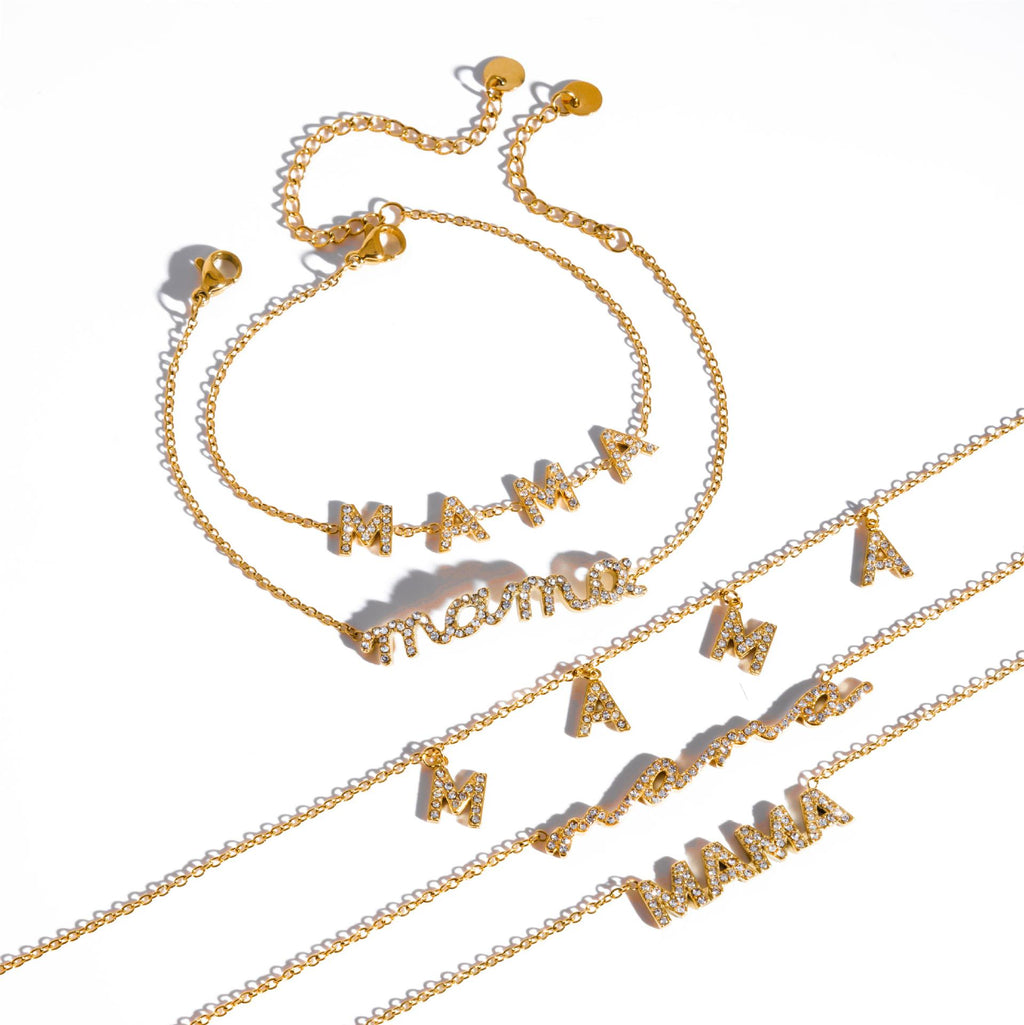 Mama letter bracelets and necklaces in varied chain styles