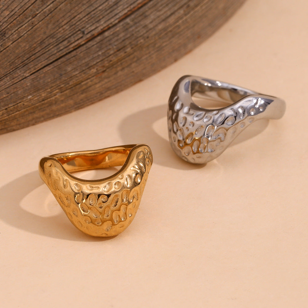 gold plated and silver-finish hammered cutout stainless steel signet rings