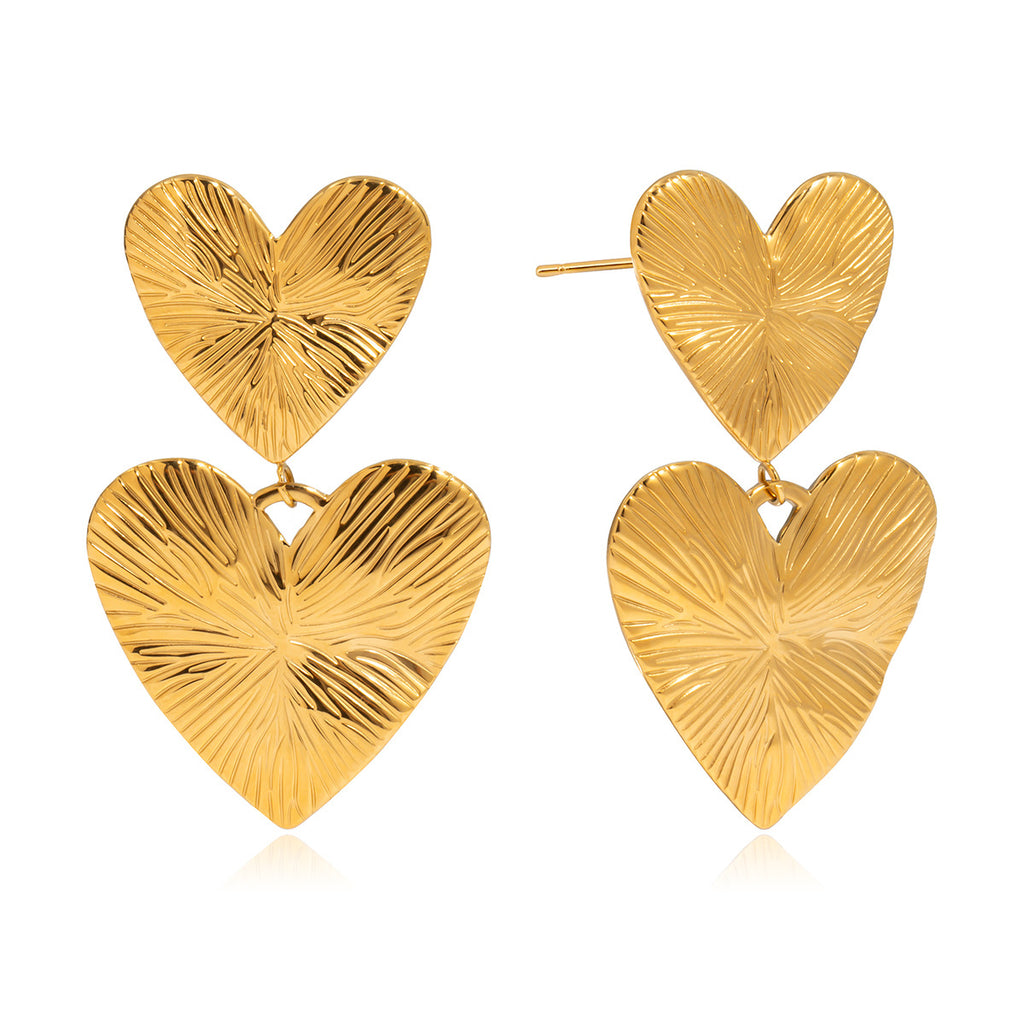 Wholesale Gold-Tone Stainless Steel Double Heart Drop Earrings - design detail