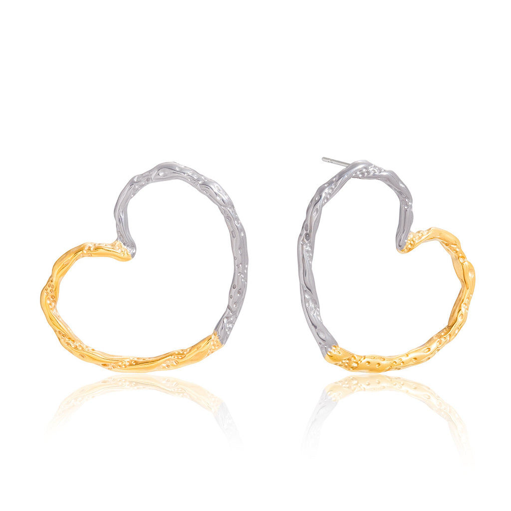 Mixed-Finish Open Heart Stainless Steel Hoop Earrings finish and shape detail