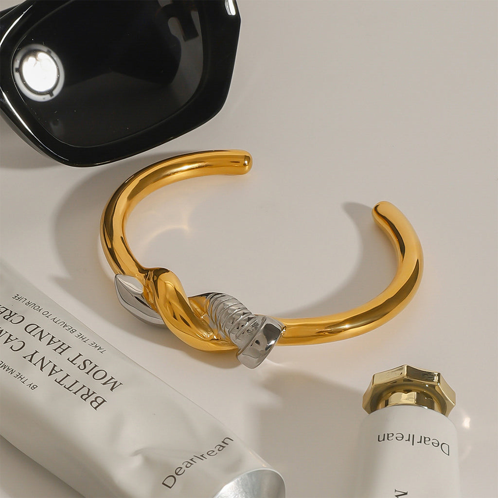 Gold Plated Two-Tone Knot Stainless Steel Open Cuff Bracelet – close-up view