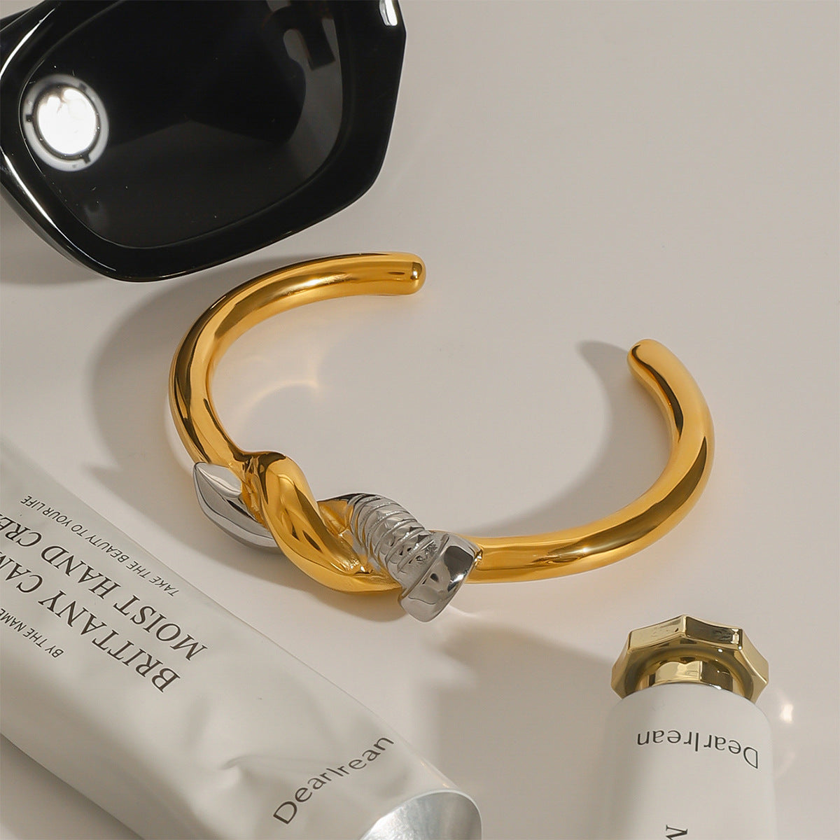 Gold Plated Two-Tone Knot Stainless Steel Open Cuff Bracelet – close-up view