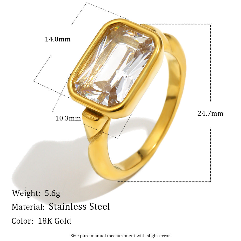gold plated rectangular zirconia ring dimensions and stainless steel specification