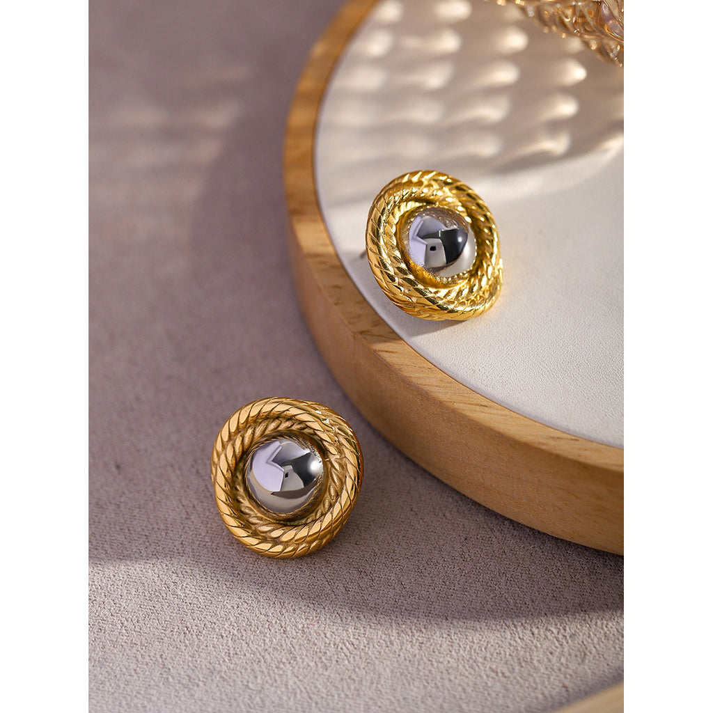 Gold Plated Two-Tone Stainless Steel Spiral Stud Earrings — front view