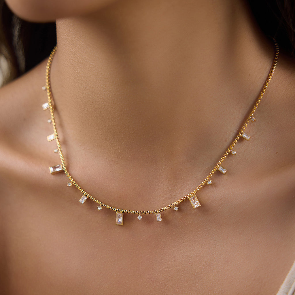 Clear Stone Charm Stainless Steel Necklace Collection — star necklace worn view