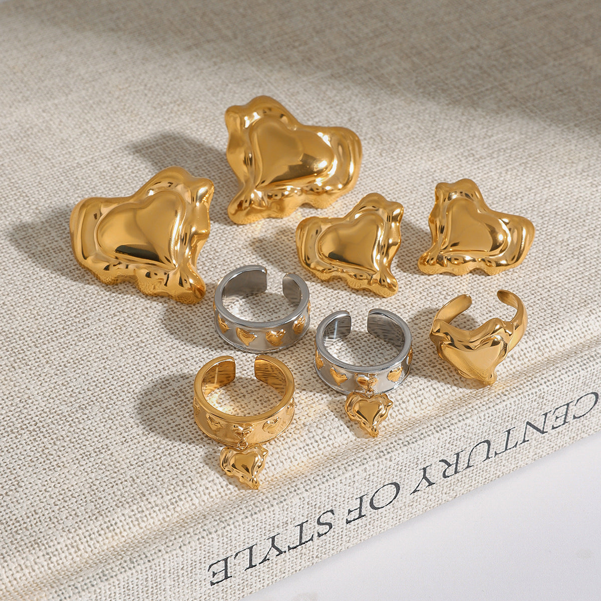 Heart Stainless Steel Ring and Stud Earring Collection in Mixed Finishes – flat-lay view