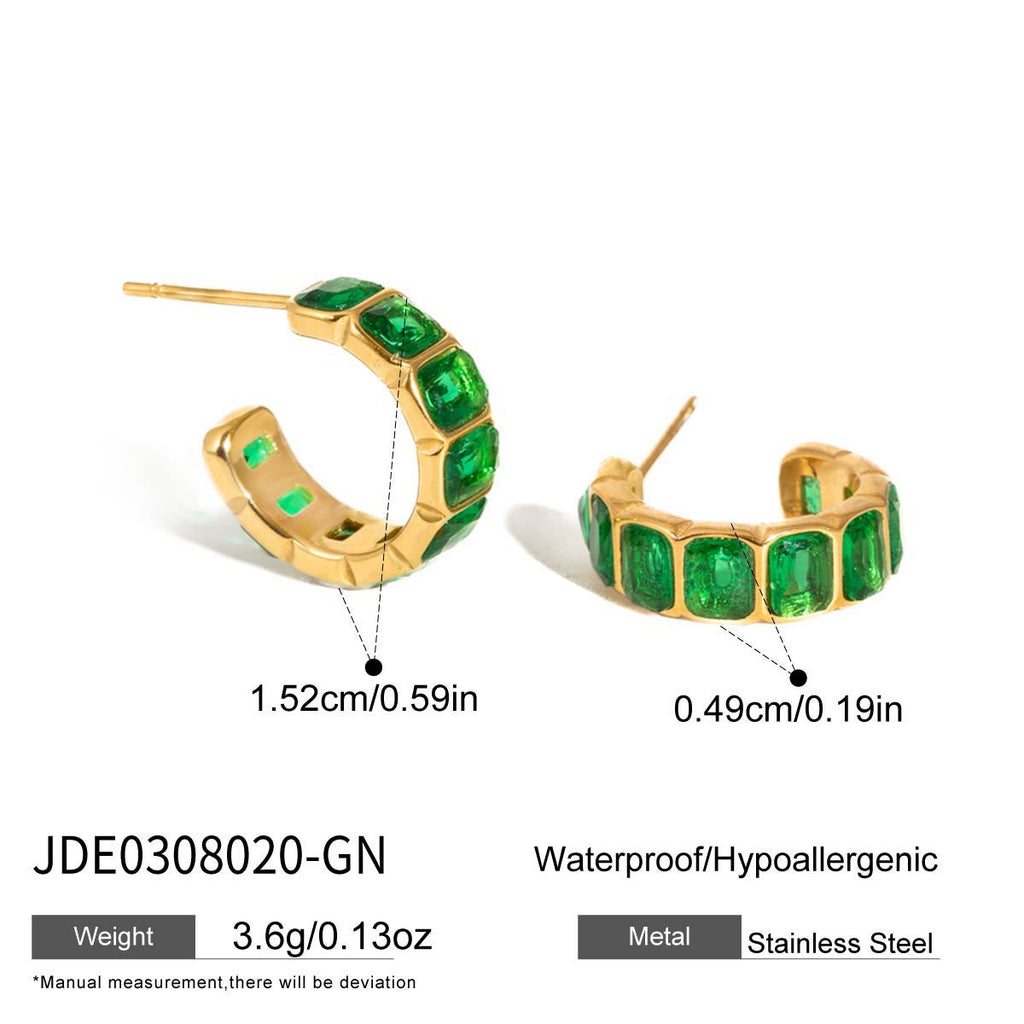 Green-accent clear-detail stainless steel drop earrings