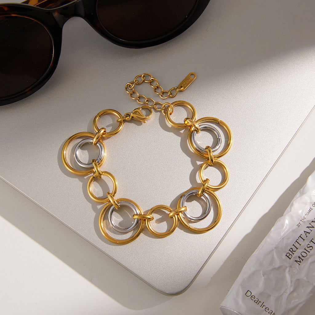 Two-Tone Circular Link Stainless Steel Bracelet close-up product view