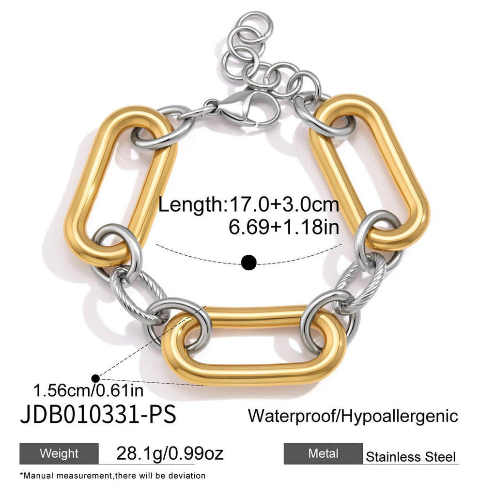 Two-tone link bracelet with dimensions and closure detail
