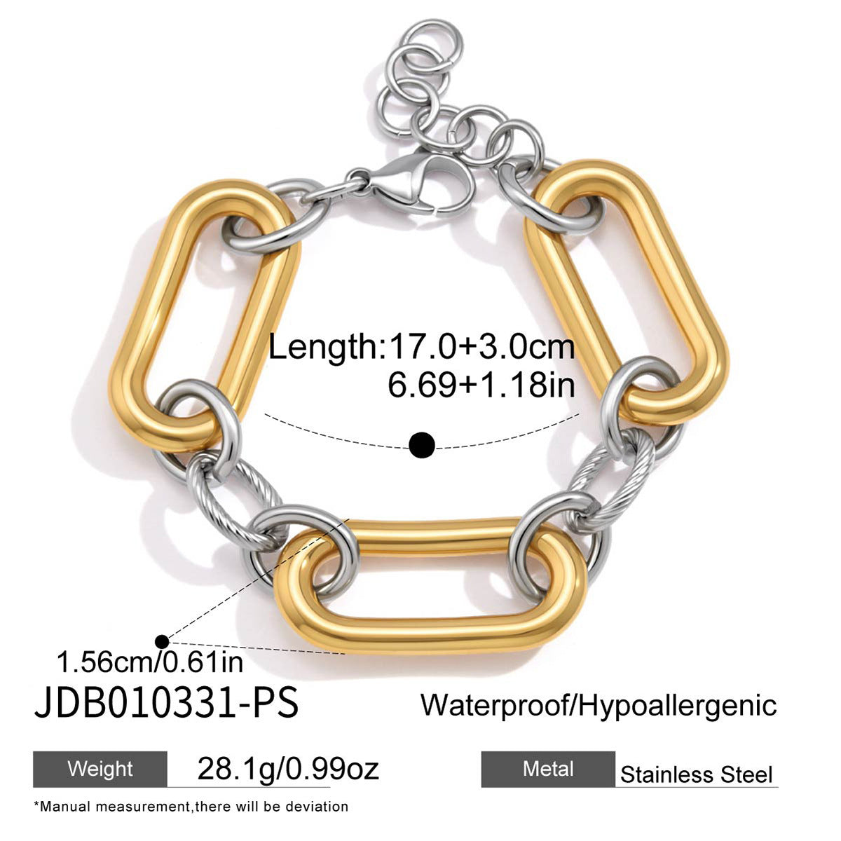 Two-tone link bracelet with dimensions and closure detail
