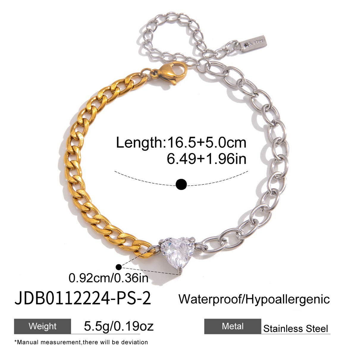 Heart-center mixed-link bracelet length chart