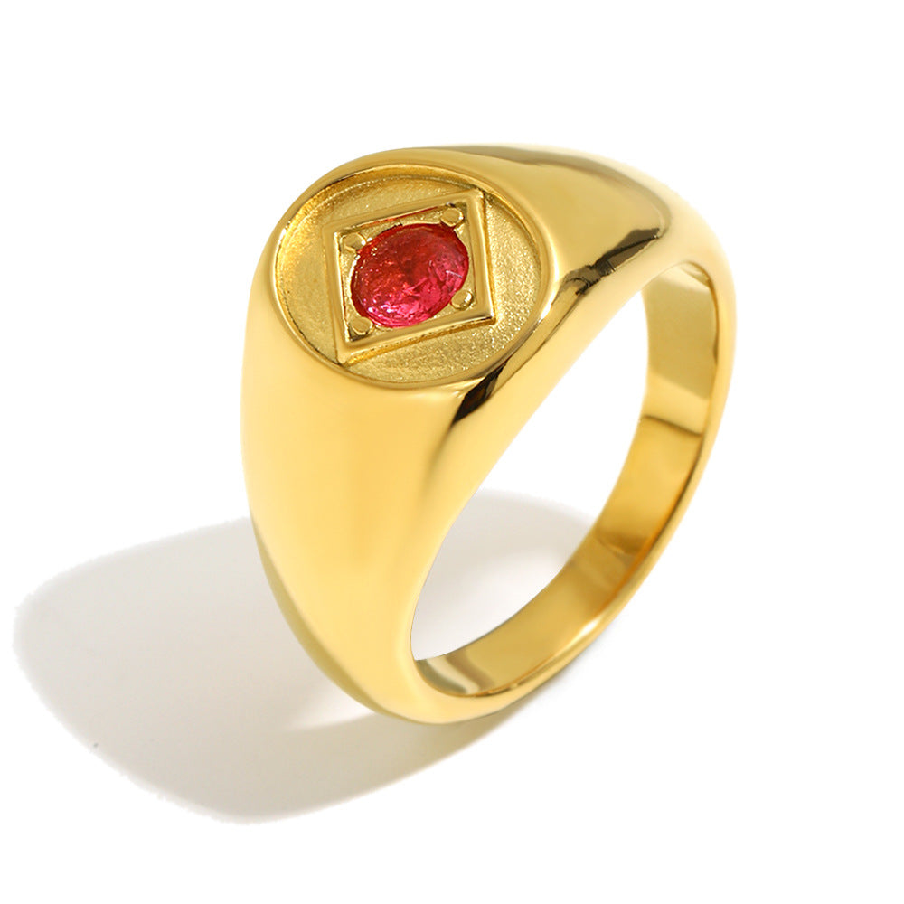 gold plated stainless steel signet ring with round red stone