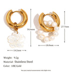 pearl-loop and shell-flower huggie earrings with measurements