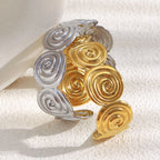 Close-up of the two finishes of the spiral disc cuff