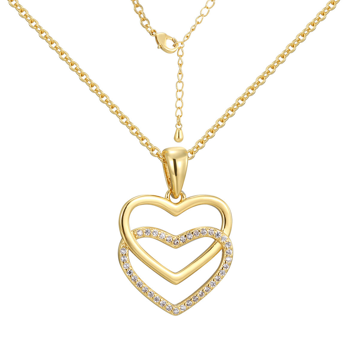 gold plated double heart necklace with lobster clasp and extension chain