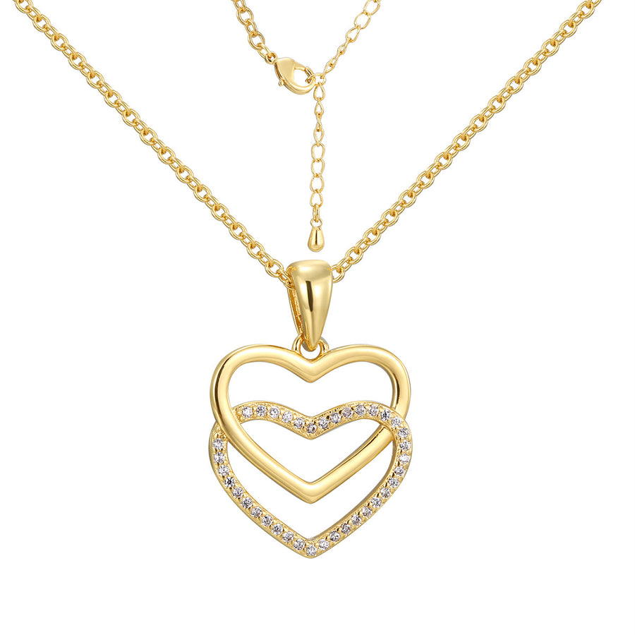 gold plated double heart necklace with lobster clasp and extension chain