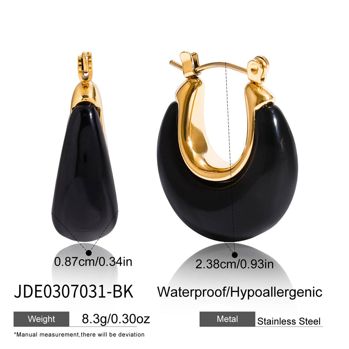 Resin Drop Stainless Steel Hoop Earrings in Three Colors — scale reference
