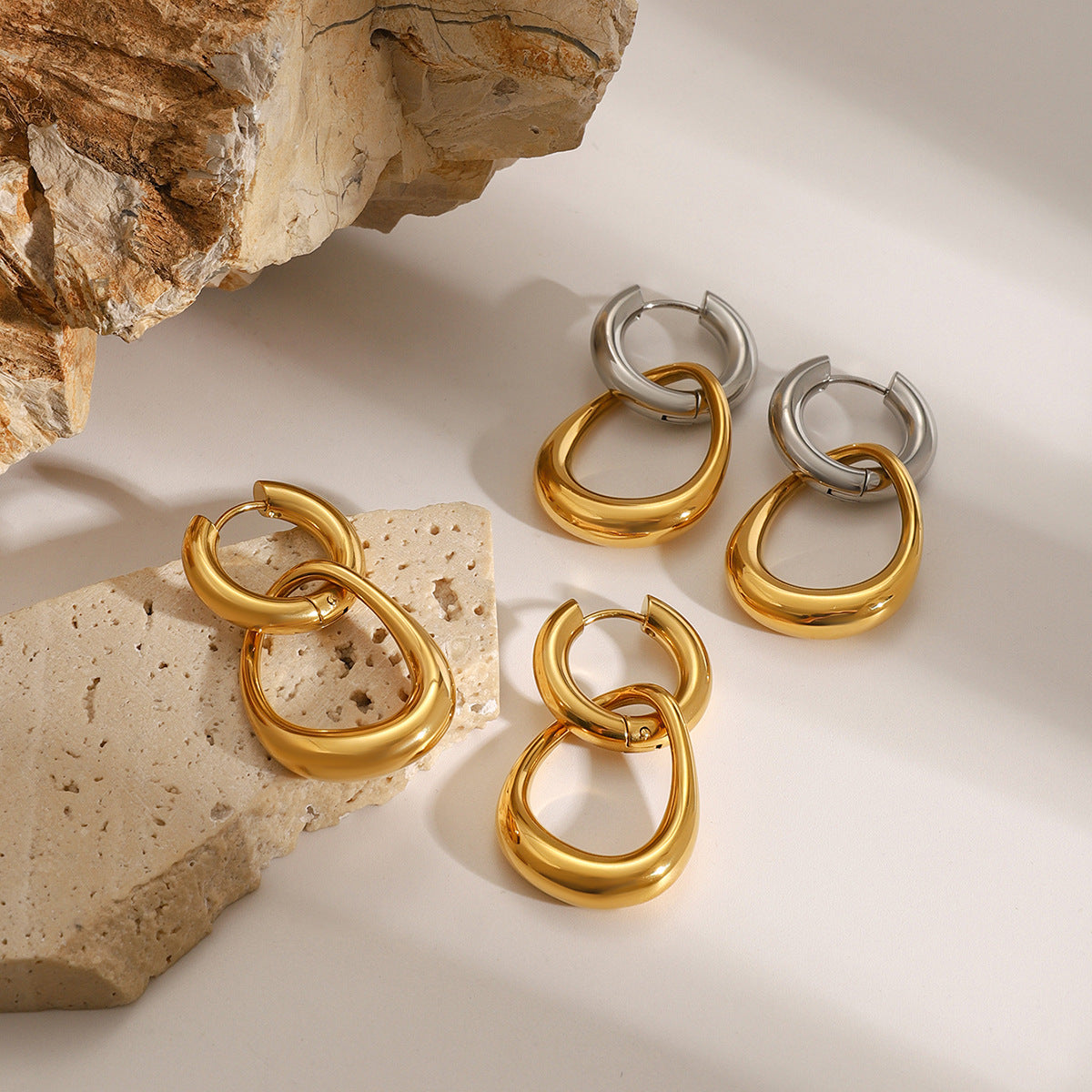 Two-Tone Interlocking Stainless Steel Hoop Drop Earrings — wholesale view 2