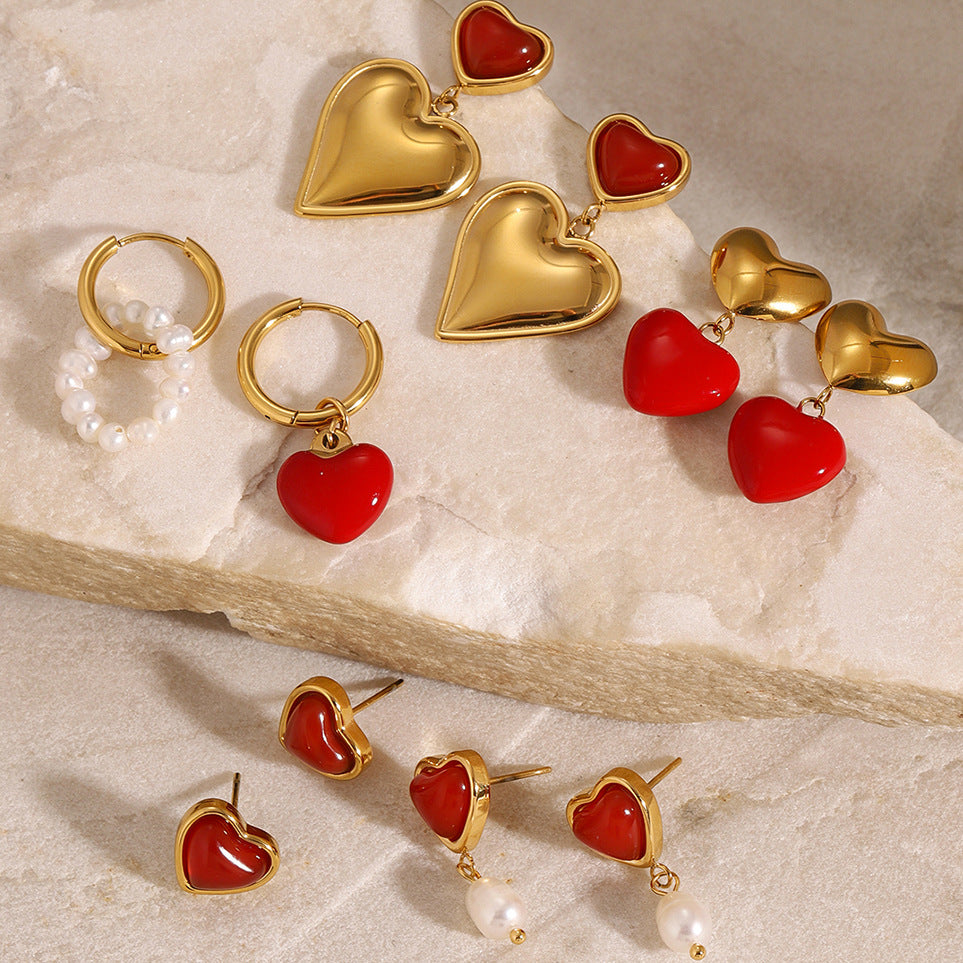 Gold-Tone Red Heart Stainless Steel Earring Collection — wholesale view 1