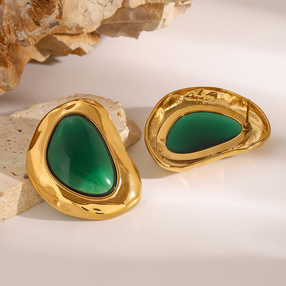 Green Resin Cabochon Stainless Steel Statement Stud Earrings — styled view