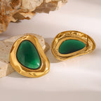 Green Resin Cabochon Stainless Steel Statement Stud Earrings — styled view