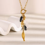 Gold Plated Stainless Steel Fish Pendant Paperclip Necklace — worn view