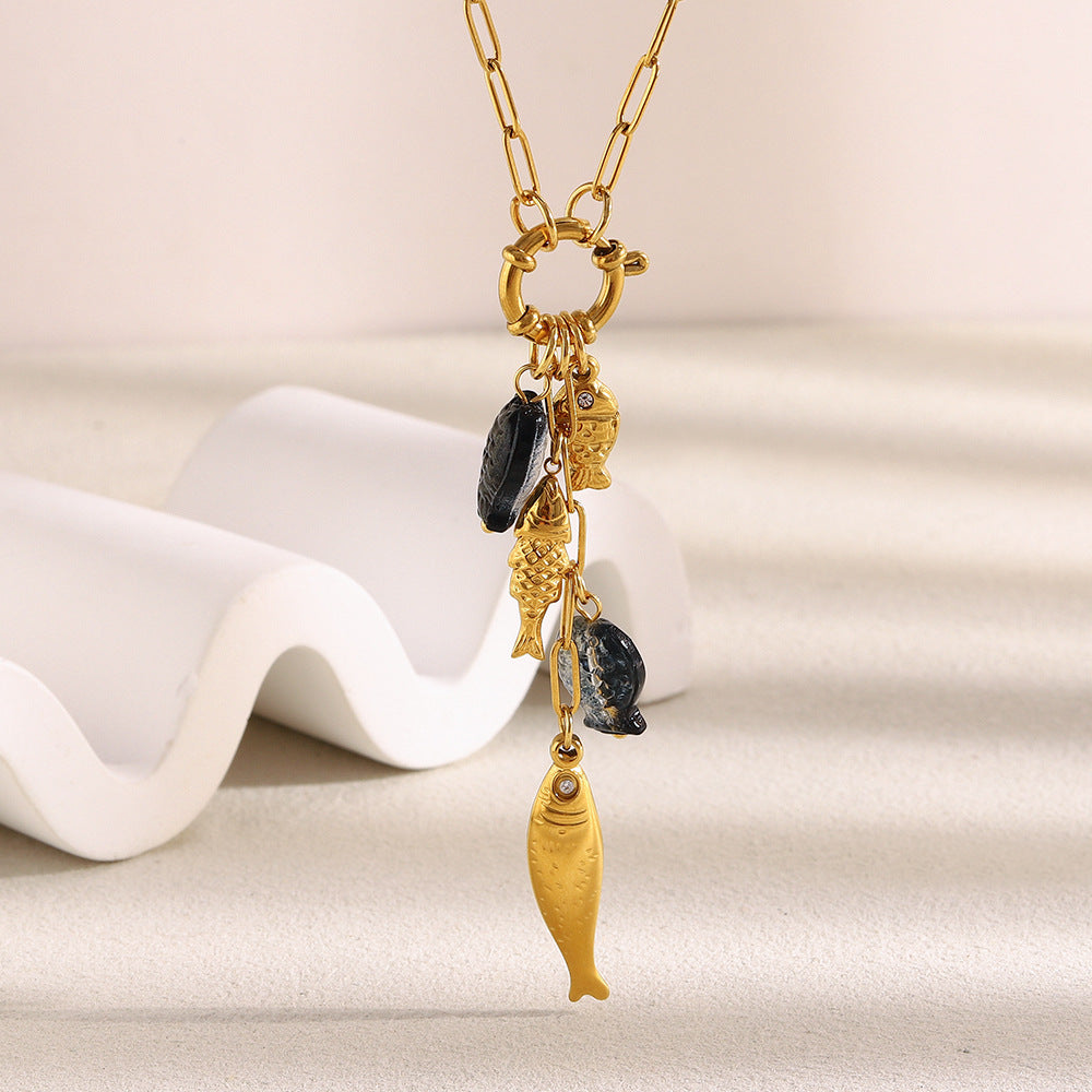 Gold Plated Stainless Steel Fish Pendant Paperclip Necklace — worn view