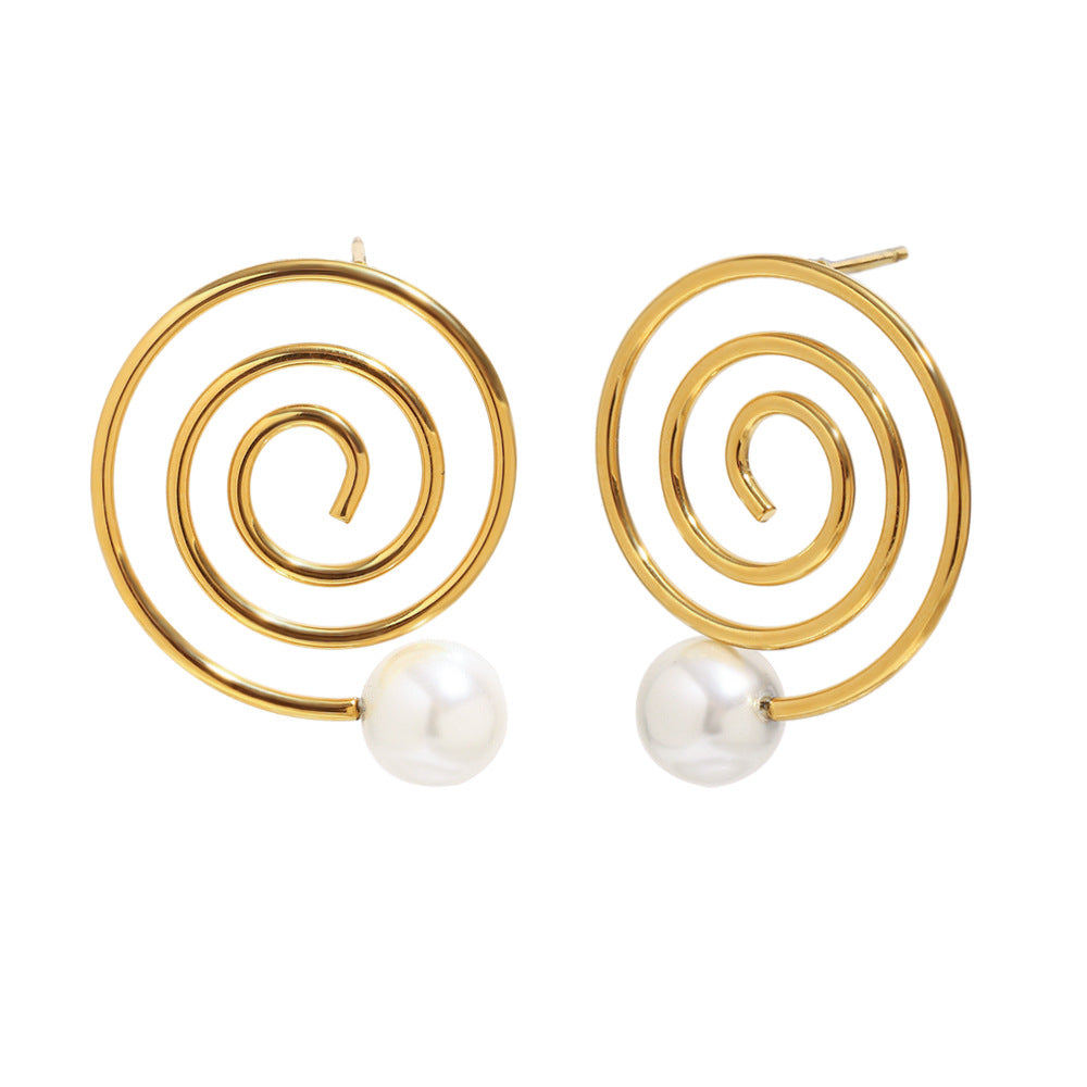 Gold Plated 316L Stainless Steel Spiral Pearl Stud Earrings — front view of spiral pair