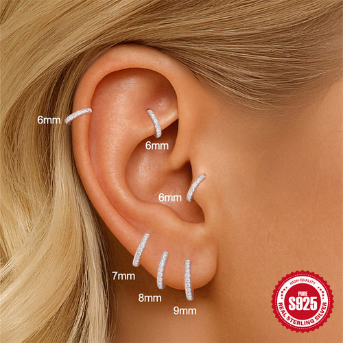 silver moissanite cartilage earrings showing 6 to 9 mm fit positions