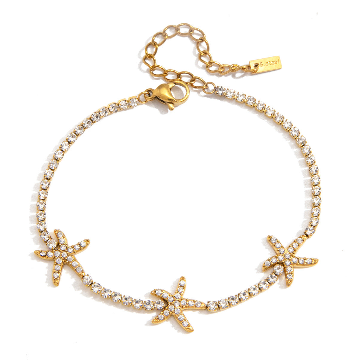 Full stainless steel starfish bracelet showing lobster clasp and extension chain
