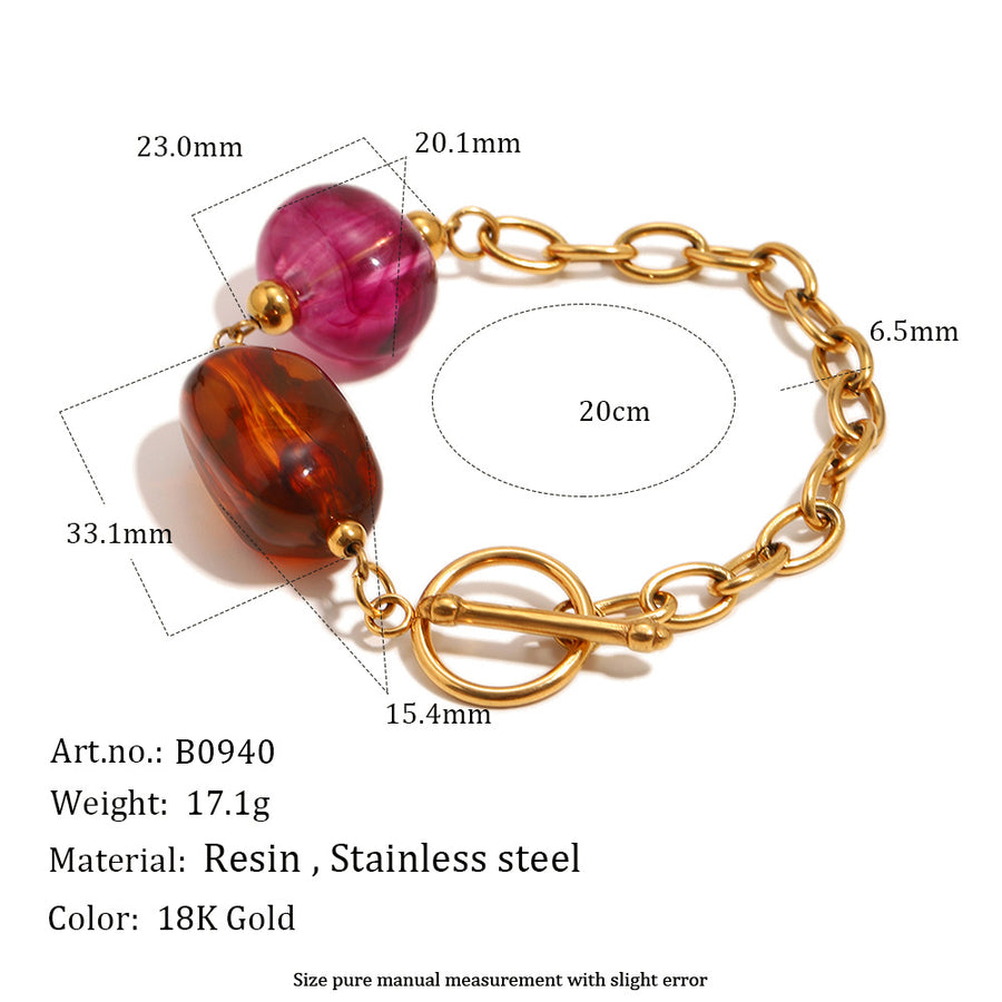 Brown oval and magenta round bead bracelet specification view